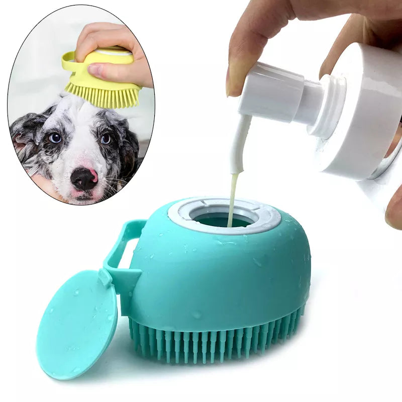 Esponja / escova para banho de cachorros / pets com dispensador de shampoo / sabonete - silicone, com encaixe na mão.